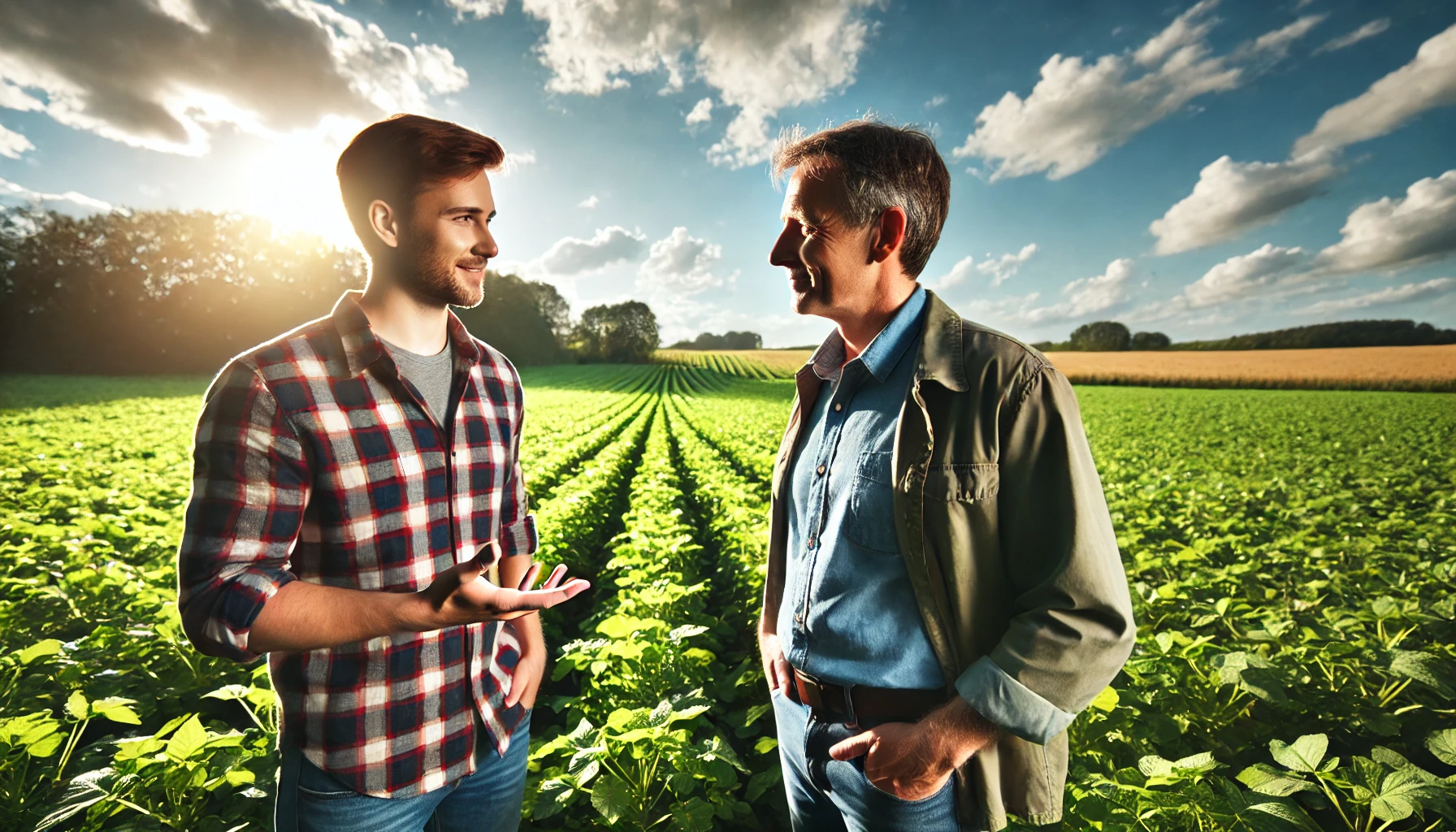 Un agronomo che parla con un agricoltore in campo