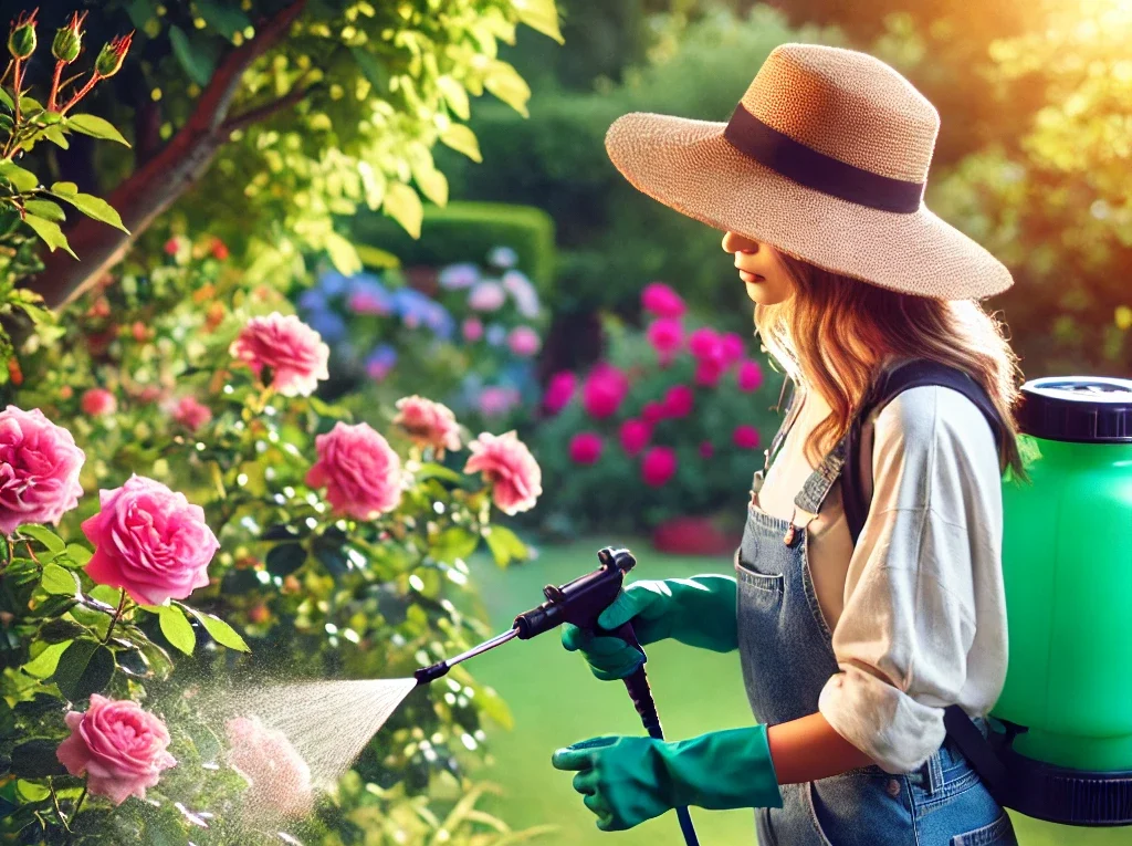 Una donna che sta utilizzando una pompa a spalla per trattare le rose