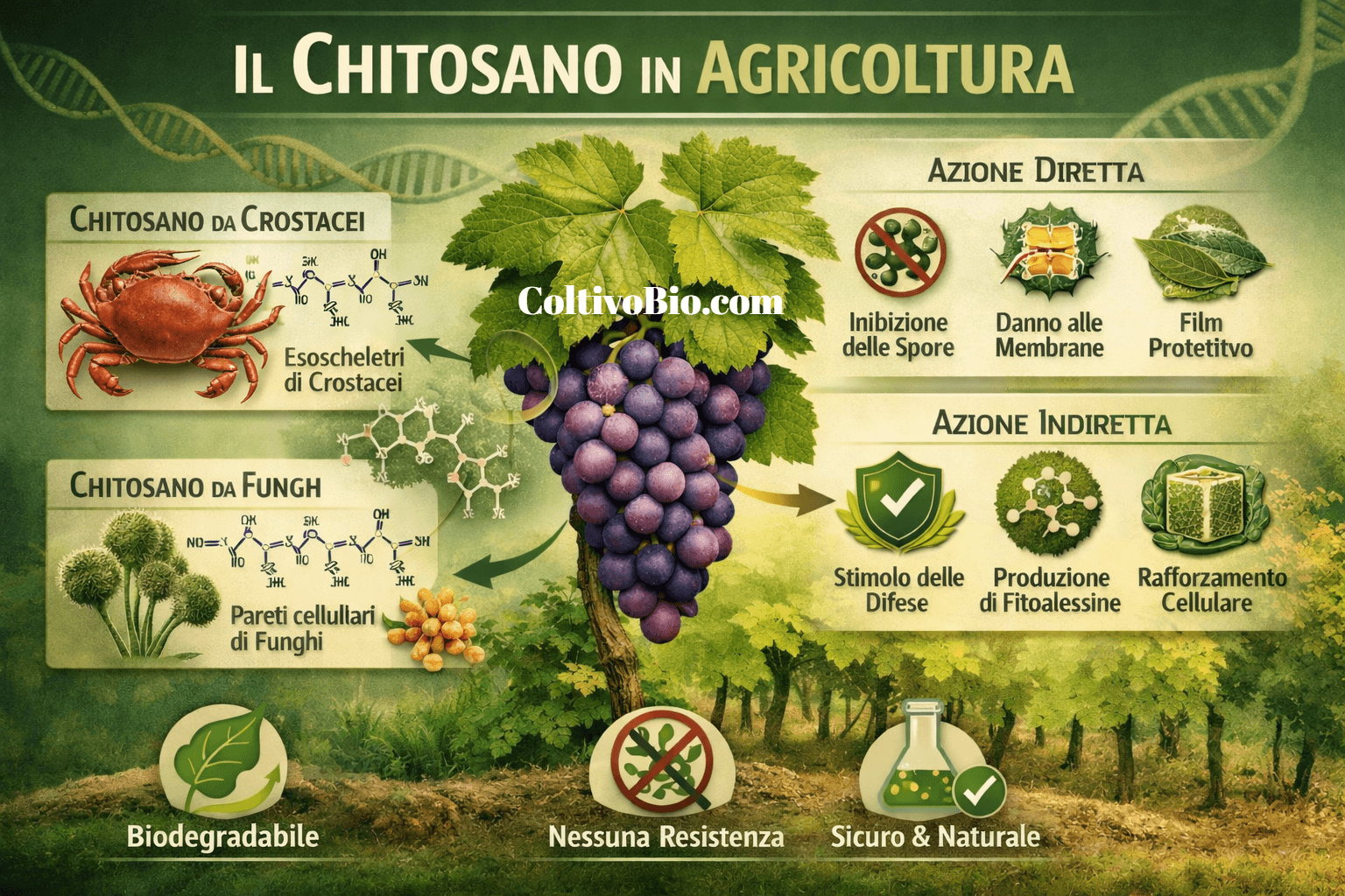 Schema di funzionamento del chitosano in agricoltura